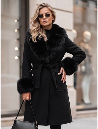 Dámský kabát s odnímatelným kožešinovým límcem, černý, FashionStreet TY6074 Dámský kabát s odnímatelným kožešinovým límcem, černý, FashionStreet TY6074