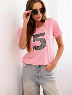 Dámská bavlněná blůza s krátkým rukávem a nášivkou s perlami světle růžová