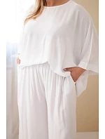 Dámský komplet Plus Size z viskózy se širokými kalhotami a halenkou bílý