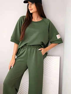 Dámská máslově měkká viskózová souprava mikina a široké kalhoty khaki