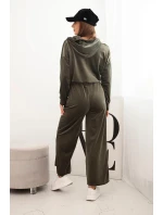 Dámská souprava z veluru s širokými nohavicemi a mikinou s kapucí khaki