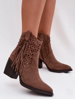 Dámské perforované kovbojky na podpatku s třásněmi Hnědé Calissey