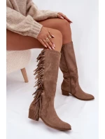 Dámské kovbojské kozačky s třásněmi a zateplením – khaki Firlina