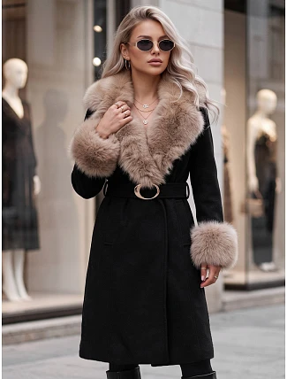 Dámský kabát s odnímatelným kožešinovým límcem, černý, FashionStreet TY6067 Dámský kabát s odnímatelným kožešinovým límcem, černý, FashionStreet TY6067