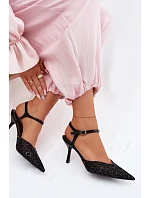 Dámské síťované sandály na podpatku s lesklým zdobením Černé Laria