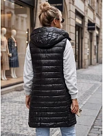 Dlouhá dámská prošívaná vesta s kapucí, černá, FashionStreet TY5260 Dlouhá dámská prošívaná vesta s kapucí, černá, FashionStreet TY5260