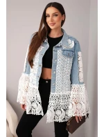 Dámská džínová bunda z bavlny a krajkovým vzorem světle džínová