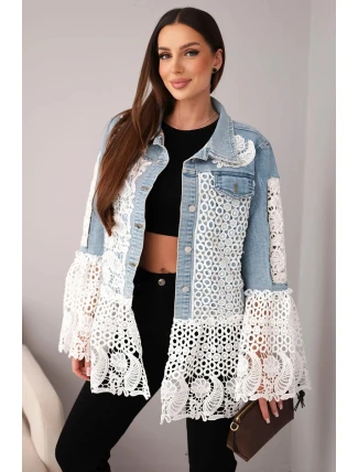 Dámská džínová bunda z bavlny a krajkovým vzorem světle džínová