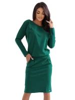 189-13 Teplákové šaty s dlouhým rukávem a kapsami - pohodlný střih s výstřihem na zádech - zelené