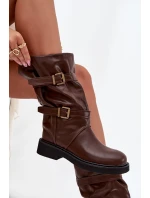 Vlněné dámské kozačky do poloviny lýtka s pásky a přezkami hnědé Halvessa