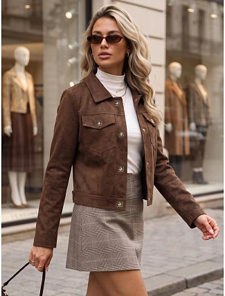 Dámská semišová bunda s drukami, hnědá, FashionStreet TY5879 Dámská semišová bunda s drukami, hnědá, FashionStreet TY5879