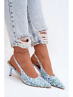 Ozdobené dámské sandály na jehlovém podpatku s květinovým vzorem modré Olivelle