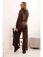 Dámský teplákový komplet z veluru se širokými nohavicemi a mikinou s kapucí hnědý