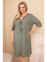 Dámské bavlněné šaty Plus Size s vázáním u výstřihu khaki
