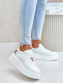 Dámské Kožené Tenisky Na Platformě S Prstenem A Dekorativním Květinou 89100 Bílé