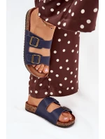 Dámské pantofle na korkové platformě s přezkami – tmavě modré