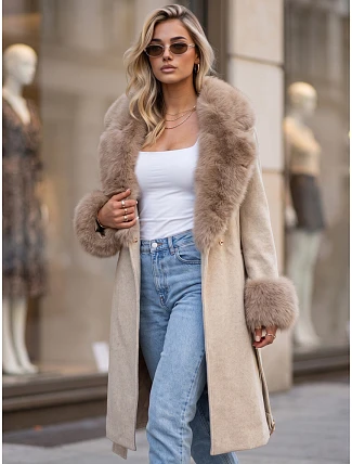 Dámský kabát s odnímatelným kožešinovým límcem, béžový, FashionStreet TY6068 Dámský kabát s odnímatelným kožešinovým límcem, béžový, FashionStreet TY6068