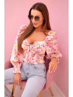 Dámská španělská halenka s květinovým vzorem, dlouhý rukáv světle růžová