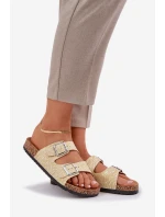 Materiálové pantofle na korkové podrážce s přezkami žluté Atera