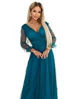 664-2 Dlouhé maxi šaty s tylovými rukávy a obálkovým výstřihem - lahvově zelené