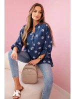 Lněná dámská halenka s květinovým vzorem, dlouhými rukávy a knoflíky Džínová