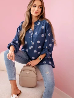 Lněná dámská halenka s květinovým vzorem, dlouhými rukávy a knoflíky Džínová