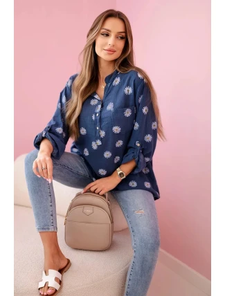 Lněná dámská halenka s květinovým vzorem, dlouhými rukávy a knoflíky Džínová