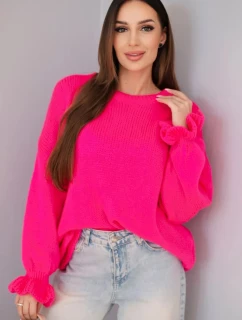 Dámský svetr s příměsí mohéru a vlny volného střihu neonově růžový