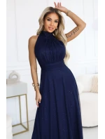 636-2 VERONICA luxusní dlouhé šaty s brokátovým akcentem a elegantním střihem - námořnická modř