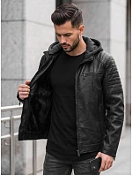 Pánská kožená zateplená bunda s kapucí, černá, FashionStreet TX5143 Pánská kožená zateplená bunda s kapucí, černá, FashionStreet TX5143