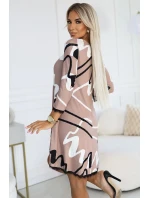 577-1 Svetrové trapézové šaty s krajkou - béžové s černobílým vzorem