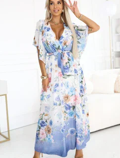 603-3 Vzdušné maxi šaty s obálkovým výstřihem a květinovým vzorem - BLUE ROSE