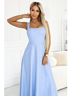 633-4 Dlouhé svatební šaty AURELIA s rozparkem a výstřihem - modré s třpytkami