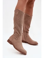 Dámské kozačky na ploché podrážce s vzorem sítě S.Barski HY52-531 Béžové