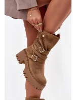 Dámské kotníkové boty na masivním podpatku s přezkami a páskem Khaki Nerelisa