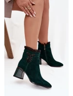 Semišové kožené dámské kotníkové boty na jehlovém podpatku s ozdobou vyhřívané D&A MR52-127 tmavě zelená