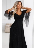 655-1 Dlouhé lehké třpytivé šaty s výstřihem a průhlednými rukávy - černé 655-1 Dlouhé lehké třpytivé šaty s výstřihem a průhlednými rukávy - černé