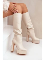 Kozačky na podpatku a platformě z eko kůže světle béžové Felilorn