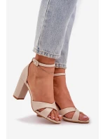 Sandály Na Sloupkovém Podpatku Z Eko Kůže Béžové Lanaria
