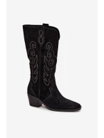 Velurové Dámské Cowboyské Kozáky Na Podpatku Černé Karira