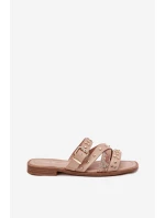 Ozdobené dámské sandály na plochém podpatku se pásky a sponou béžové Manitte