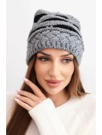 Dámská zimní čepice z vlny v hrubém pletení a pruhy K465 šedá + černá