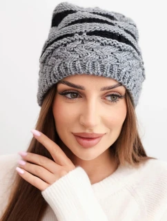 Dámská zimní čepice z vlny v hrubém pletení a pruhy K465 šedá + černá