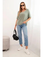 Dámský svetr z měkkého chlupu s výstřihem do V krátký rukáv tmavě mátový