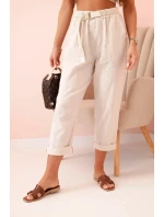 Dámské lněné kalhoty s bavlnou a páskem béžové