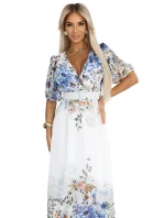 613-1 CELINA Vzdušné maxi šaty s obálkovým výstřihem, páskem a květinovým ombre - MODRÉ