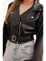 Dámská krátká bunda z eko kůže s páskem a límcem černá Dámská krátká bunda z eko kůže s páskem a límcem černá