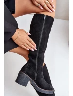 Zateplené kozačky na podpatku eko semišové nad koleno černé Leamirael