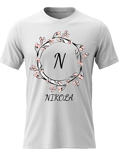 Dámské bavlněné tričko s potiskem - KVĚTINOVÝ MOTIV SE JMÉNEM - NIKOLA - bílé