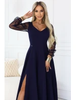 640-3 LORETTA jedinečné dlouhé šaty s tylovými rukávy a výstřihem - tmavě modré 640-3 LORETTA jedinečné dlouhé šaty s tylovými rukávy a výstřihem - tmavě modré